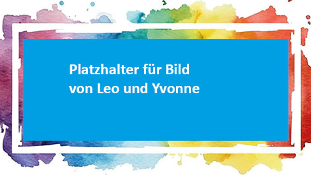 KI generiert: Das Bild zeigt einen Platzhalter für ein Bild von Leo und Yvonne, umgeben von einem bunten Aquarellhintergrund.