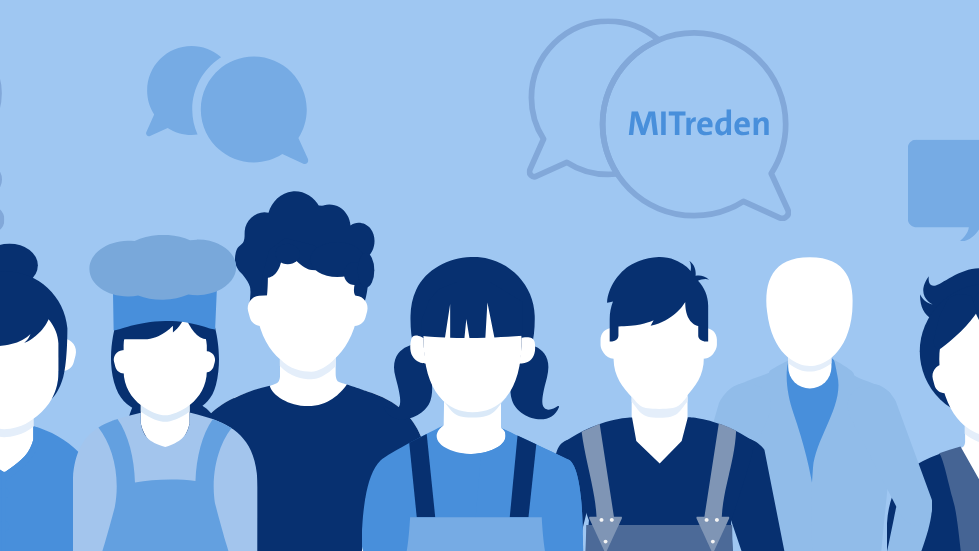 KI generiert: Eine Gruppe stilisierter Personen in Arbeitskleidung steht gemeinsam vor einem Hintergrund mit Sprechblasen, von denen eine "MITreden" enthält.