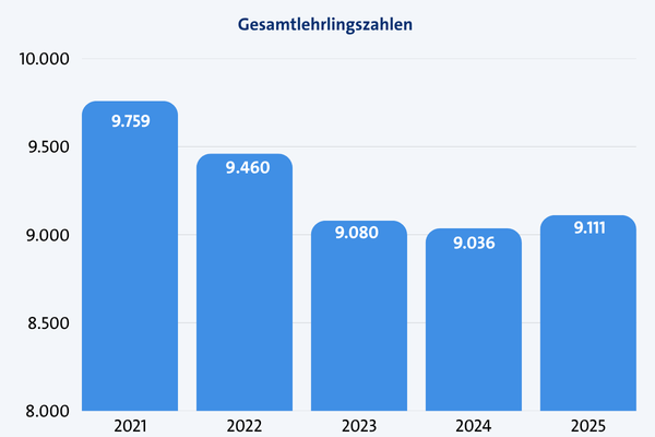 KI generiert: Das Bild zeigt ein Balkendiagramm der Gesamtlehrlingszahlen von 2021 bis 2025 mit einem abnehmenden Trend bis 2024 und einem leichten Anstieg im Jahr 2025. KI generiert: Das Bild zeigt ein Balkendiagramm der Gesamtlehrlingszahlen von 2021 bis 2025 mit einem abnehmenden Trend bis 2024 und einem leichten Anstieg im Jahr 2025.