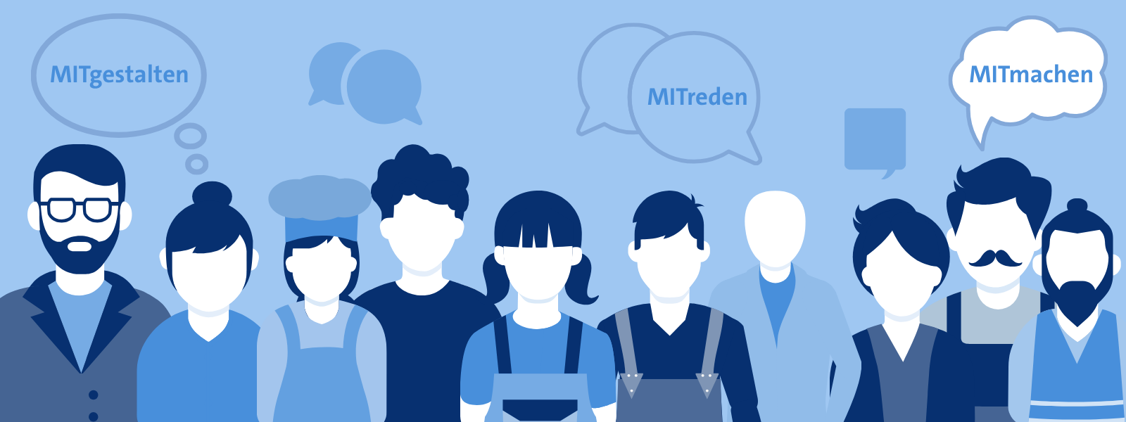 KI generiert: Das Bild zeigt eine stilisierte Gruppe von Menschen in Blau-Tönen mit den Begriffen "MITgestalten," "MITreden," und "MITmachen" in Sprechblasen.