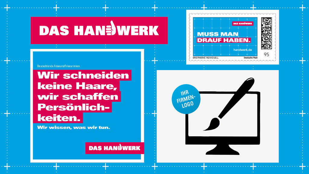 Klassiker der Imagekampagne, wie Briefmarken, das Kampagnenlogo, Textmotive für Ausbildungsberufe und weitere Vorlagen zum Anpassen Ausgewählte Design-Elemente der Handwerkskampagne, wie Klassiker der Imagekampagne, wie Briefmarken, das Kampagnenlogo, Textmotive für Ausbildungsberufe und weitere Vorlagen zum Anpassen, werden vor hellblauem Hintergrund aufgeführt. Inter Mitte befindet sich vertikal das Logo der Handwerkskampagne in Magenta-Rot.