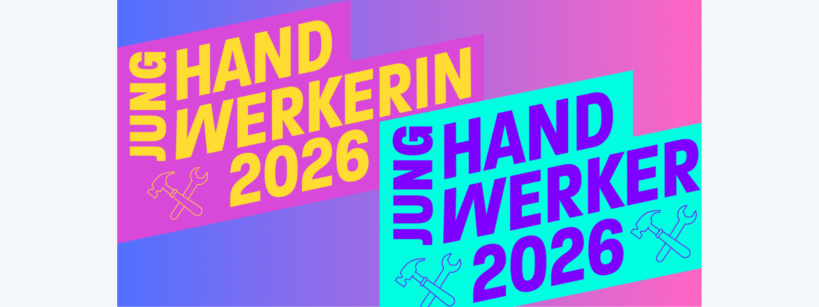 KI generiert: Das Bild zeigt bunte Schriftzüge mit den Worten "Jung Handwerkerin 2026" und "Jung Handwerker 2026" sowie Werkzeug-Symbole.