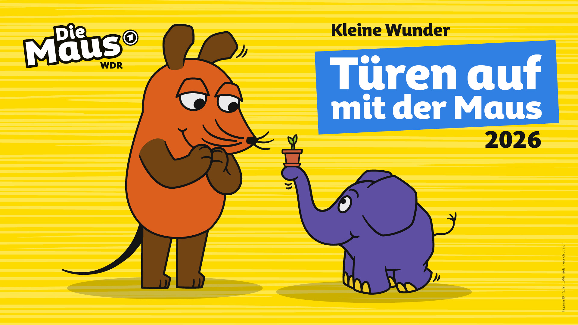 KI generiert: Das Bild zeigt die Figur der Maus aus der Sendung "Die Maus" und einen Elefanten, die ein kleines Wunder mit dem Titel "Türen auf mit der Maus 2026" thematisieren.